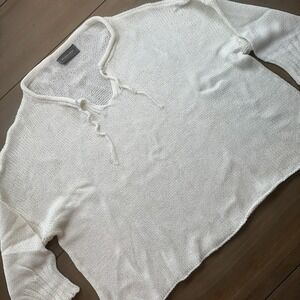 Wooden Ships Sweater Womens S/M‎ White Lace Up V Neck Open Knit Pullover Boho